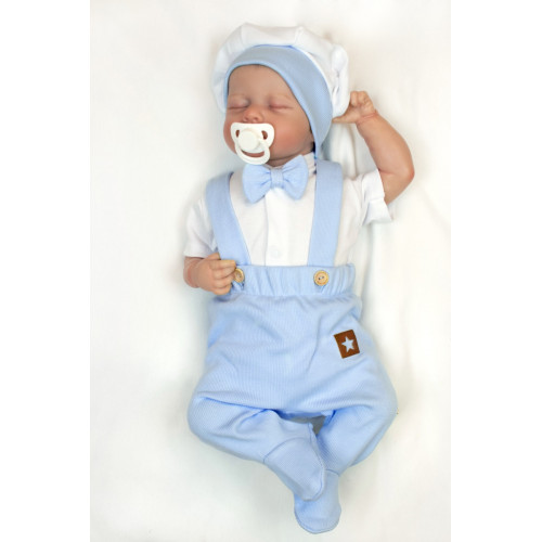 Súprava Gentleman 3D, body kr. rukáv, polodupačky s lacnom + čiapočka,modrá/biela, 62