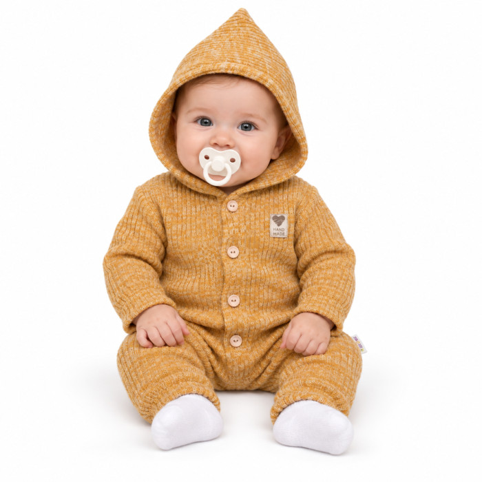 Baby Nellys Pletený overálok s kapucňou a gombíkmi Hand Made, medový žihaný
