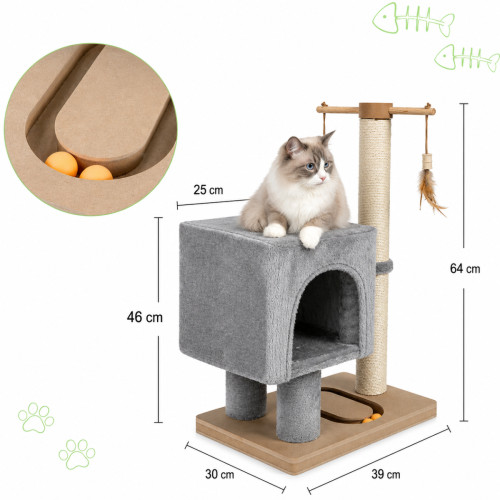 Škrabadlo pre mačky Cat Tree 64 cm s úkryt – MDF, sisal, plyš, svetlosivá