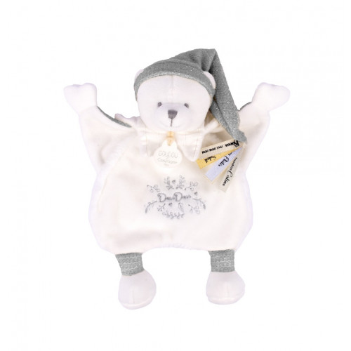 Doudou Darčeková sada Plyšový muchláčik medvedík s čiapočkou sivý 25 cm