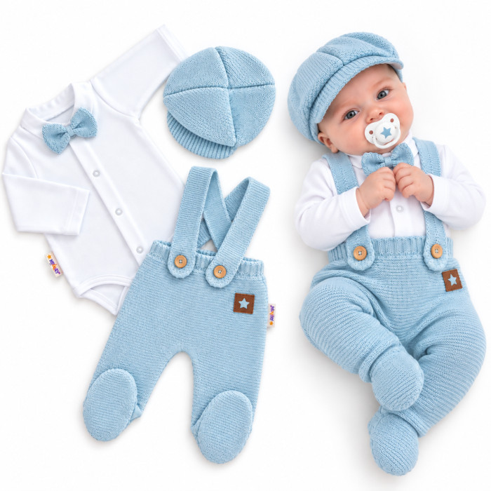 Pletená súprava Gentleman 3D, body, polodupačky s laclom, čiapočka, sv. modrá, 62