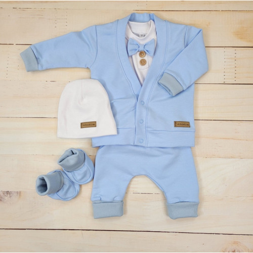 Bavlnená sada, body, nohavice, motýlik a čiapka Elegant Boy 5D, Kazum, modrá/biela, veľ.62