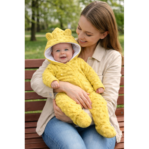 Baby Nellys Kombinézka /overal Minky s kapucňou a uškami -žltá