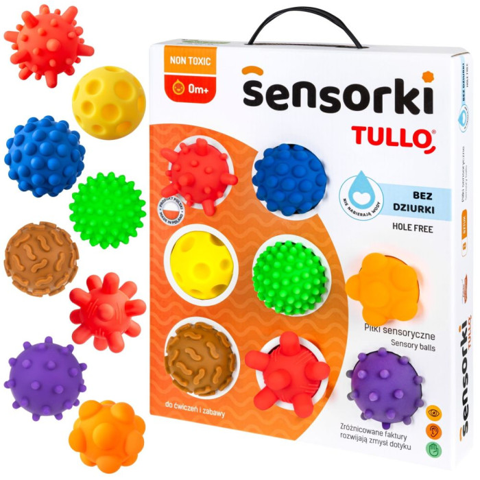 Tullo Senzorické loptičky farebné 8 ks bez dierok – 59–77 mm, 0m+