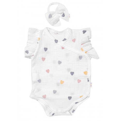 Zavinovacie body, kraťasky + čelenka, mušelín, Srdiečko, Baby Nellys, smotanové, veľ. 86