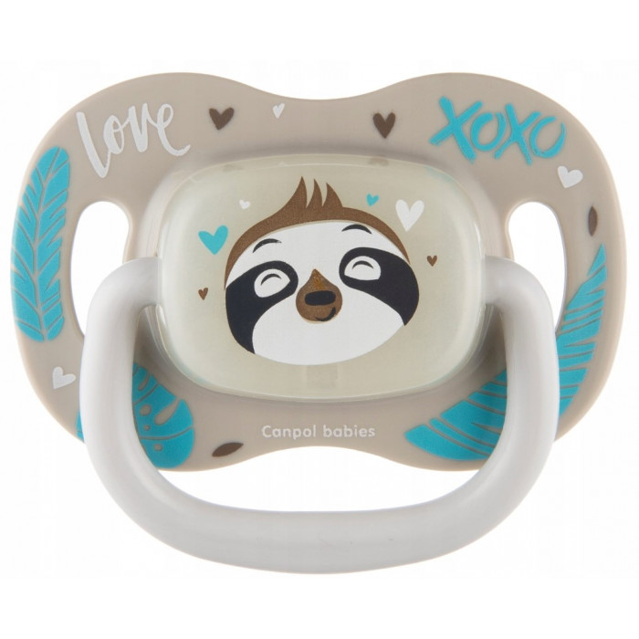 Symetrický silikónový cumlík Canpol Babies, svietiaci, 18 m+, Exotic Leňochod, sivý