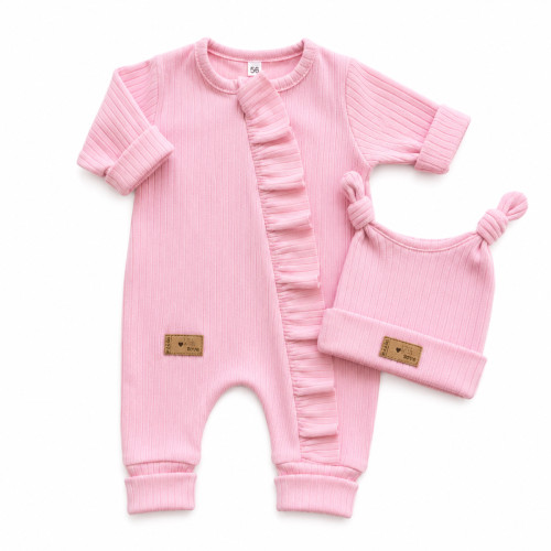 Detská súprava Nature Girl – rebrovaný overal s čiapočkou, 2D, bavlna, baby pink, 68