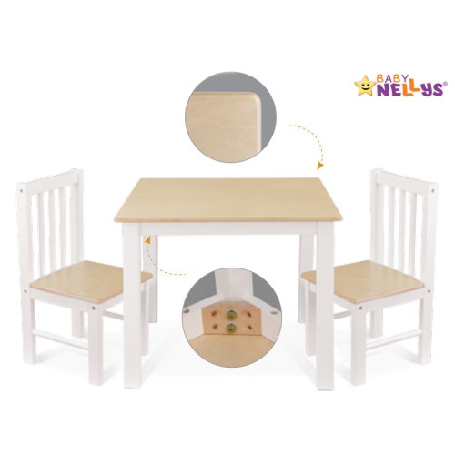 BABY NELLYS Detský nábytok - 3 ks, stôl s stoličkami - biela, B/07