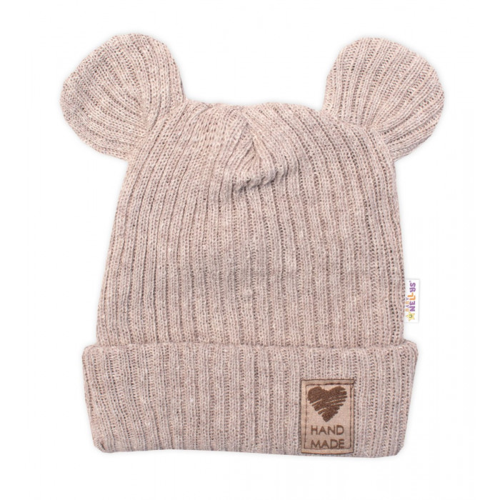 Pletená bavlněná čiapka s uškami, dvojvrstvová, Hand Made Baby Nellys, béžová, veľ. 68/74