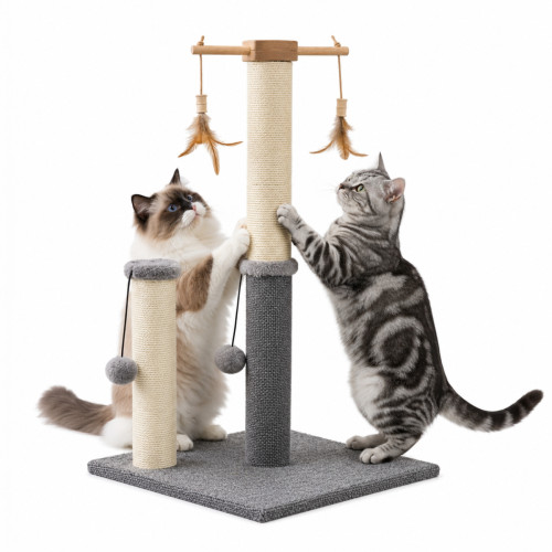 Škrabadlo pre mačky Cat Tree 64 cm s úkryt – MDF, sisal, plyš, svetlosivá