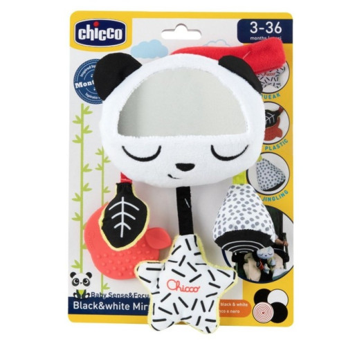 Senzorická záveska Panda do kočíka s hryzátkom a zrkadielkom, Montessori