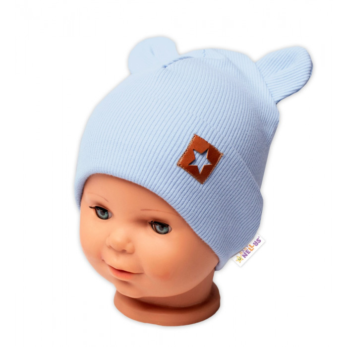 Baby Nellys Rebrovaná dvojvrstvová čiapka s uškami TEDDY - sv. modrá, veľ. 80/86