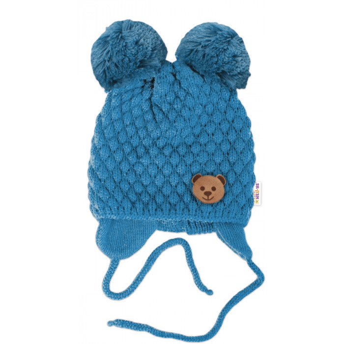 Zimná pletená čiapka Teddy Bear na zaväzovanie, modrá
