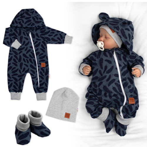 Rastúci teplákový overal pre bábätko, čiapky, topánky, 3D, Nature - jeans pierka, 68/74