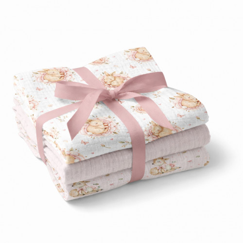 Mušelínové plienky pre bábätko 3 ks 70 × 70 cm z jemnej bavlny - ružové, Srnky a ružičky