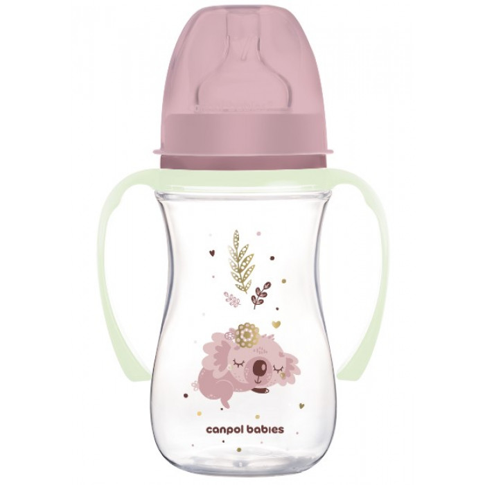 Antikolik. fľaštička so širokým hrdlom a svietiacimi úchytmi, Sleepy Koala, 240 ml - lila