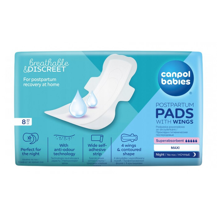 Popôrodné, nočné vložky Canpol Babies - MAXI s krídelkami, 8 ks v bal.
