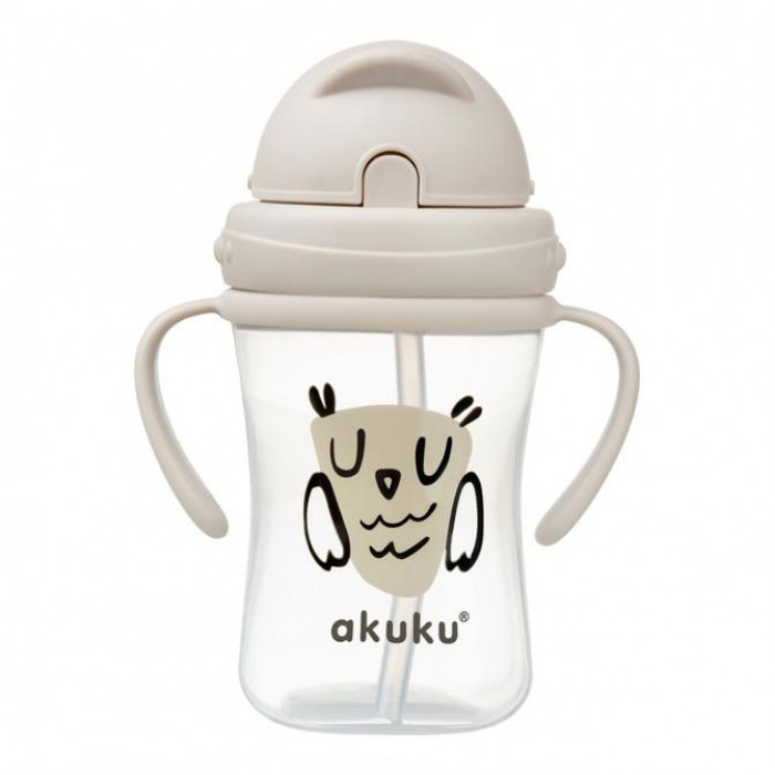Fľaštička/hrnček s úchytmi a slamkou Sova Akuku 300 ml, béžová