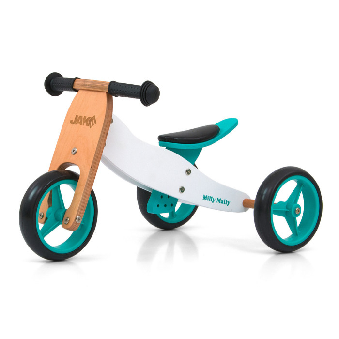 Drevené odrážadlo JAKE 2v1, trojkolka aj bicykel, 12–36 mesiacov, biela, mäta, Milly Mally