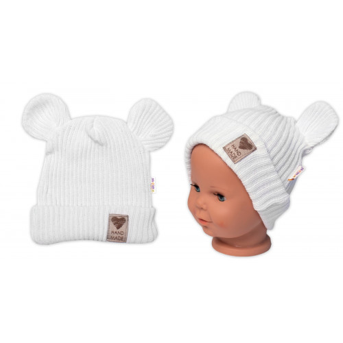 Pletená bavlněná čiapka s uškami, dvojvrstvová, Hand Made Baby Nellys, biela, veľ. 80/86