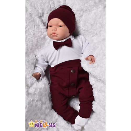 Baby Nellys 3-dielna sada Hubert, body s motýlikom, tepláčiky a čiapočka - bordo, veľ. 98