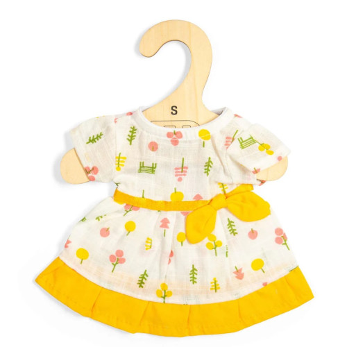 Bigjigs Toys Vzorované šaty so žltým lemom pre bábiku 28 cm