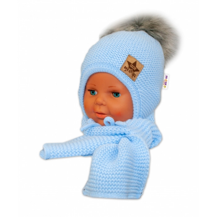BABY NELLYS Zimná čiapočka s šálom - chlupáčková Bambulka - sv. modrá/sivá BABY NELLYS Zimná čiapočka s šálom - chlupáčková Bambulka - sv. modrá/sivá