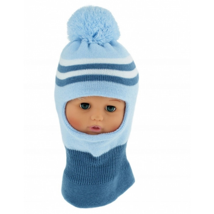 BABY NELLYS Zimní čepička / kukla s bambuli - sv. modrá s proužky BABY NELLYS Zimní čepička / kukla s bambuli - sv. modrá s proužky