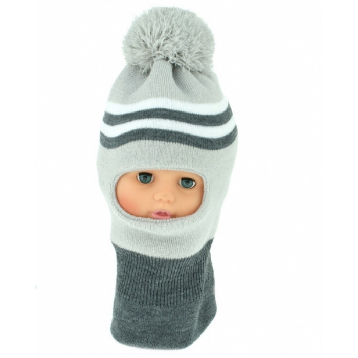 BABY NELLYS Zimní čepička / kukla s bambuli - sv. sivá s proužky BABY NELLYS Zimní čepička / kukla s bambuli - sv. sivá s proužky