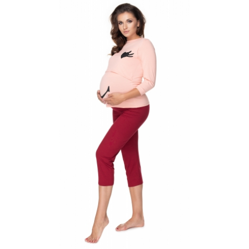 Be Maamaa Tehotenské, dojčiace pyžamo 3/4 s dl. rukávom -  růžovo/bordo, veľ. XXL