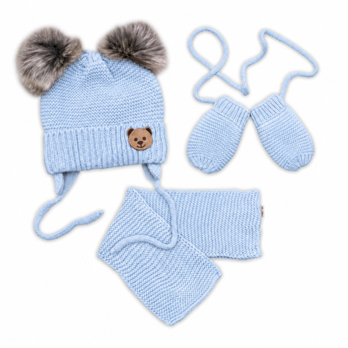 Detská sada, zimná čiapka so šálom + rukavičky 3D, Teddy Bear - sv. modrá