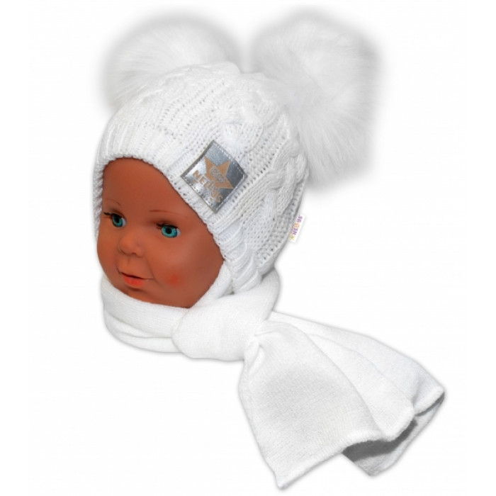 BABY NELLYS Zimná čiapočka s šálom - chlupáčkové bambuľky - biela, biele bambuľky BABY NELLYS Zimná čiapočka s šálom - chlupáčkové bambuľky - biela, biele bambuľky