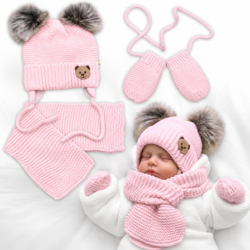 Detská sada, zimná čiapka so šálom + rukavičky 3D, Teddy Bear - sv. ružová