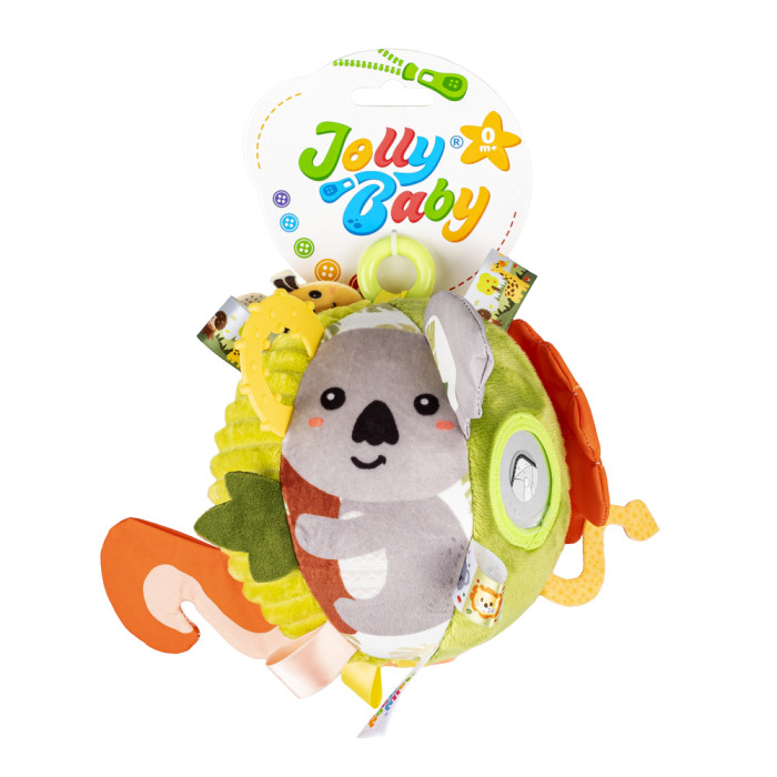 Jollybaby Senzorická plyšová loptička Divočina s hrkálkou, zrkadielkom a hryzátkom 0m+