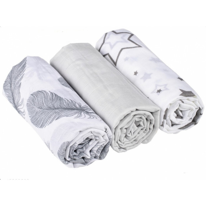 Baby Nellys mušelínové plienky 3ks Lux - Pierka, hviezdičky, 70 x 80 cm, sivá/biela Baby Nellys mušelínové plienky 3ks Lux - Pierka, hviezdičky, 70 x 80 cm, sivá/biela