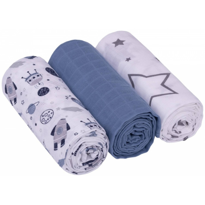 Mušelínové plienky 3ks Lux - Kosmo, 70 x 80 cm, modrá/biela Mušelínové plienky 3ks Lux - Kosmo, 70 x 80 cm, modrá/biela