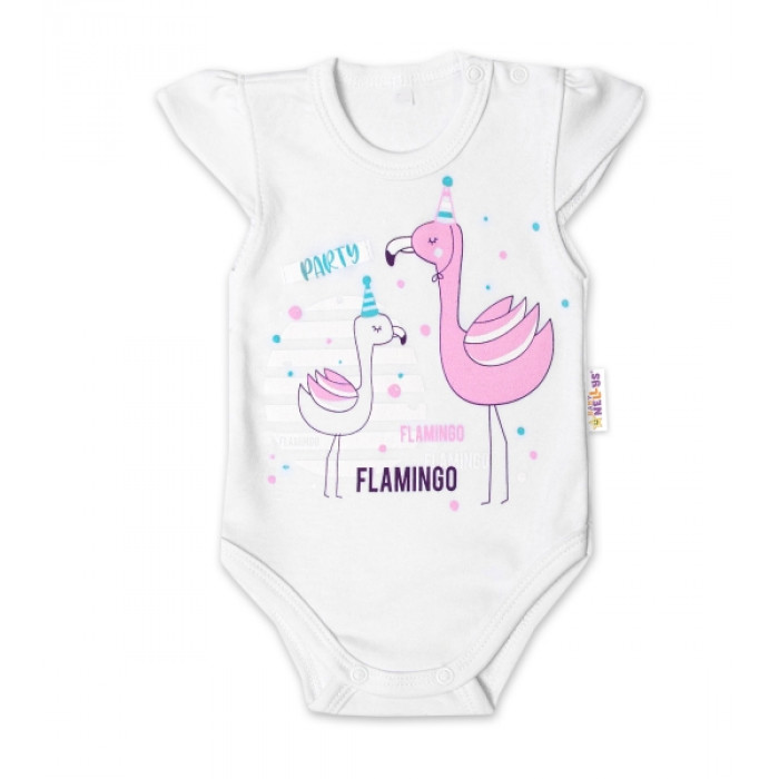 Baby Nellys Bavlnené dojčenské body, kr. rukáv, Flamingo - biele, veľ. 68 Baby Nellys Bavlnené dojčenské body, kr. rukáv, Flamingo - biele, veľ. 68