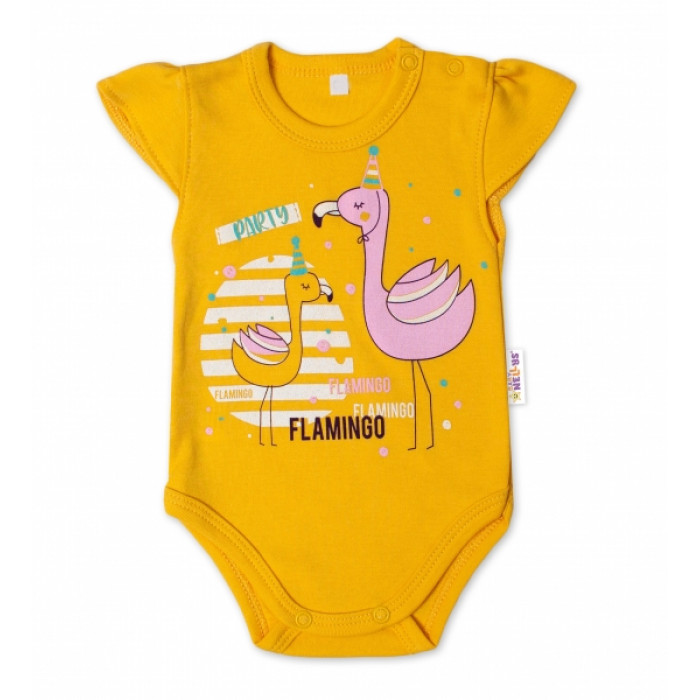 Baby Nellys Bavlnené dojčenské body, kr. rukáv, Flamingo - horčicove, veľ. 68 Baby Nellys Bavlnené dojčenské body, kr. rukáv, Flamingo - horčicove, veľ. 68