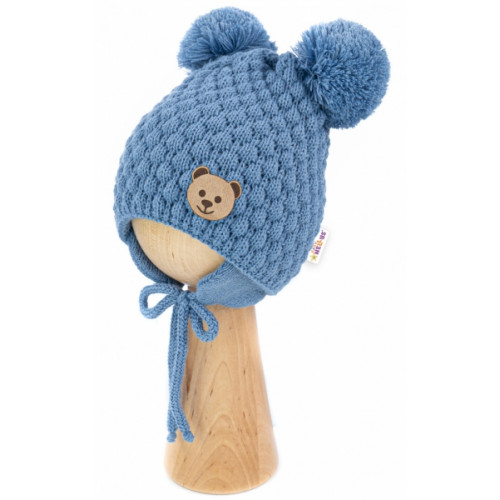 BABY NELLYS Zimná pletená čiapka Teddy Bear na zaväzovanie, modrá, 68/80, (6-12m)