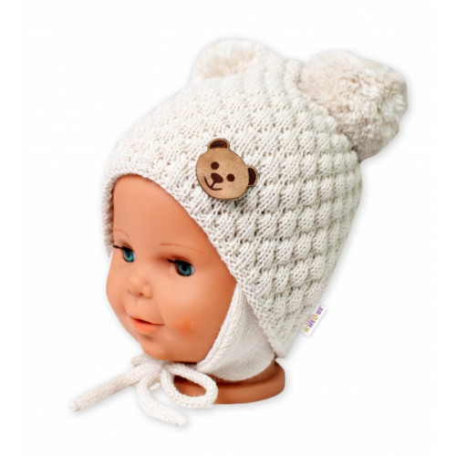 BABY NELLYS Zimná pletená čiapka Teddy Bear na zaväzovanie, ecru