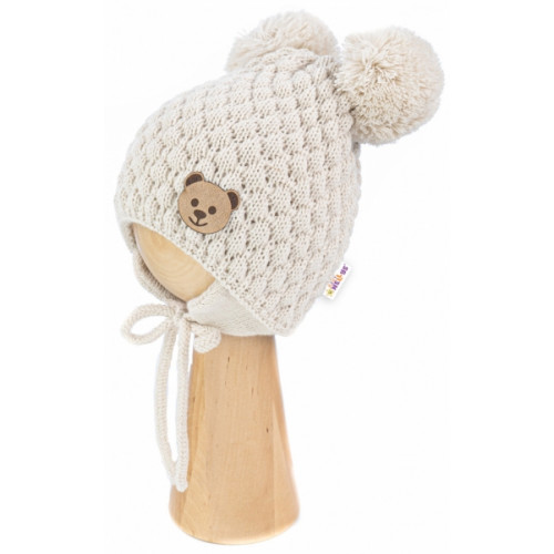 BABY NELLYS Zimná pletená čiapka Teddy Bear na zaväzovanie, ecru