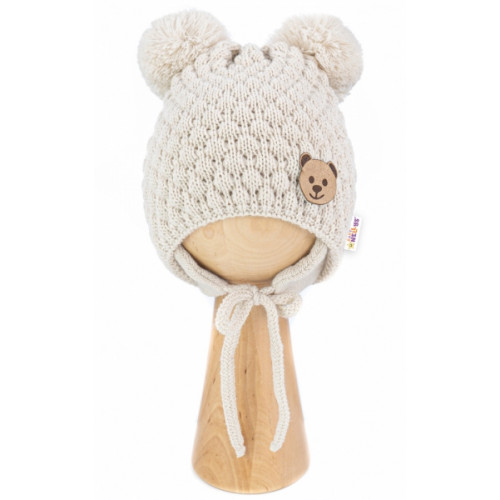 BABY NELLYS Zimná pletená čiapka Teddy Bear na zaväzovanie, ecru