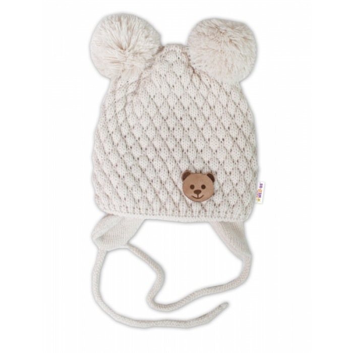 BABY NELLYS Zimná pletená čiapka Teddy Bear na zaväzovanie, ecru BABY NELLYS Zimná pletená čiapka Teddy Bear na zaväzovanie, ecru