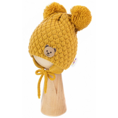 BABY NELLYS Zimná pletená čiapka Teddy Bear na zaväzovanie, horčicová