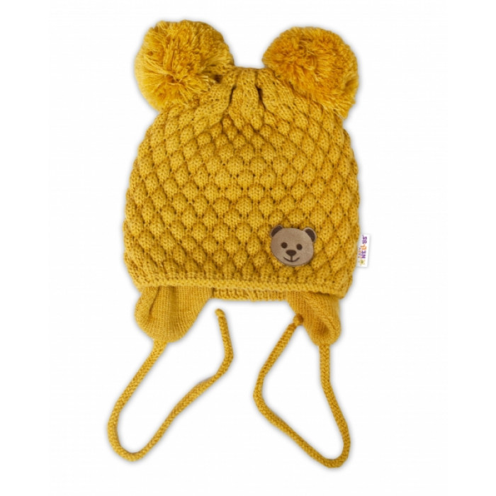BABY NELLYS Zimná pletená čiapka Teddy Bear na zaväzovanie, horčicová BABY NELLYS Zimná pletená čiapka Teddy Bear na zaväzovanie, horčicová