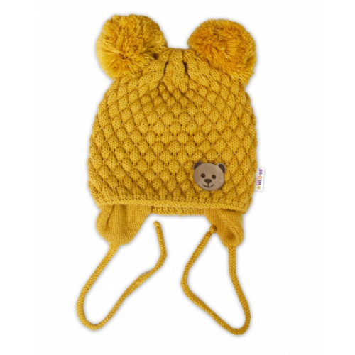 BABY NELLYS Zimná pletená čiapka Teddy Bear na zaväzovanie, horčicová, 68/80, (6-12m)