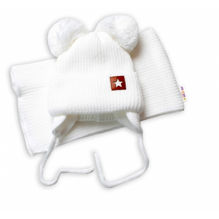 BABY NELLYS Zimná čiapka s šálom STAR - biela s brmbolcami BABY NELLYS Zimná čiapka s šálom STAR - biela s brmbolcami