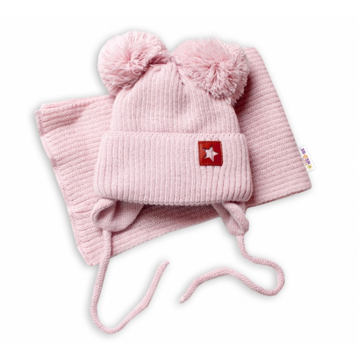 BABY NELLYS Zimná čiapka s šálom STAR - púdrová s brmbolcami, veľ. 68/80 BABY NELLYS Zimná čiapka s šálom STAR - púdrová s brmbolcami, veľ. 68/80