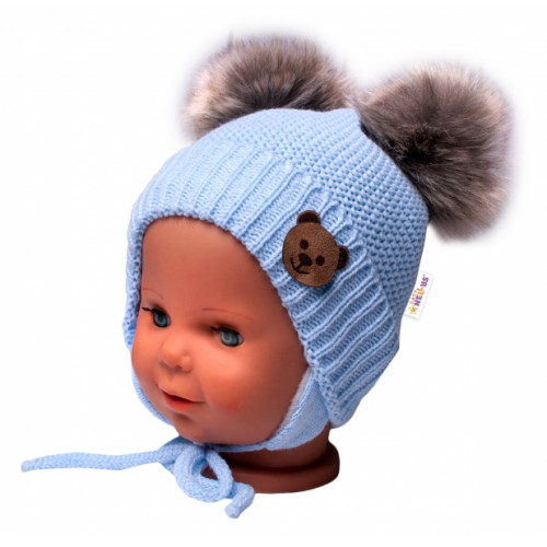 Zimná čiapka s fleecom Teddy Bear - chlupáčk. bambuľky - sv. modrá, šedá