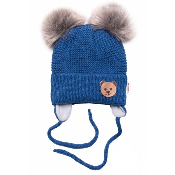 BABY NELLYS Zimná čiapka s fleecom Teddy Bear - chlupáčk. bambuľky - tm. modrá, šedá BABY NELLYS Zimná čiapka s fleecom Teddy Bear - chlupáčk. bambuľky - tm. modrá, šedá